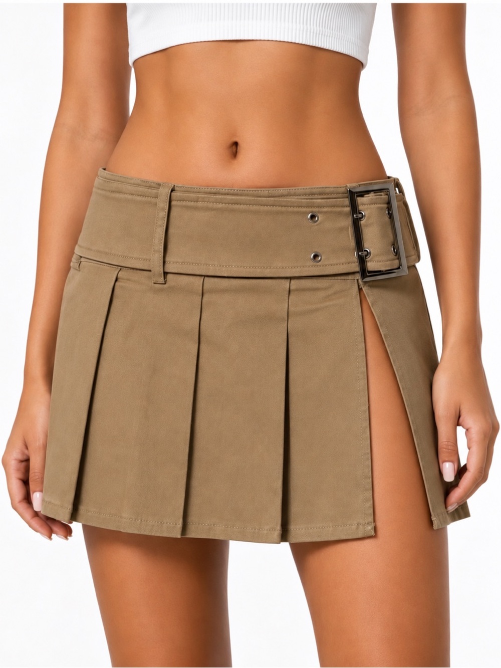 AKIRA Khaki Pleated Mini Skirt with Side Buckle